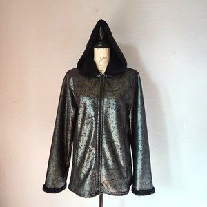 Vintage Bear Ridge Outfitters Fleece Lined Hood Jacket Zip Metallic Silver Black